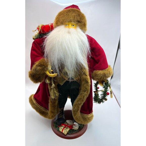 Santa Claus Christmas Figurine Vintage Red Corduroy Coat Faux Fur Trim Red Gold
